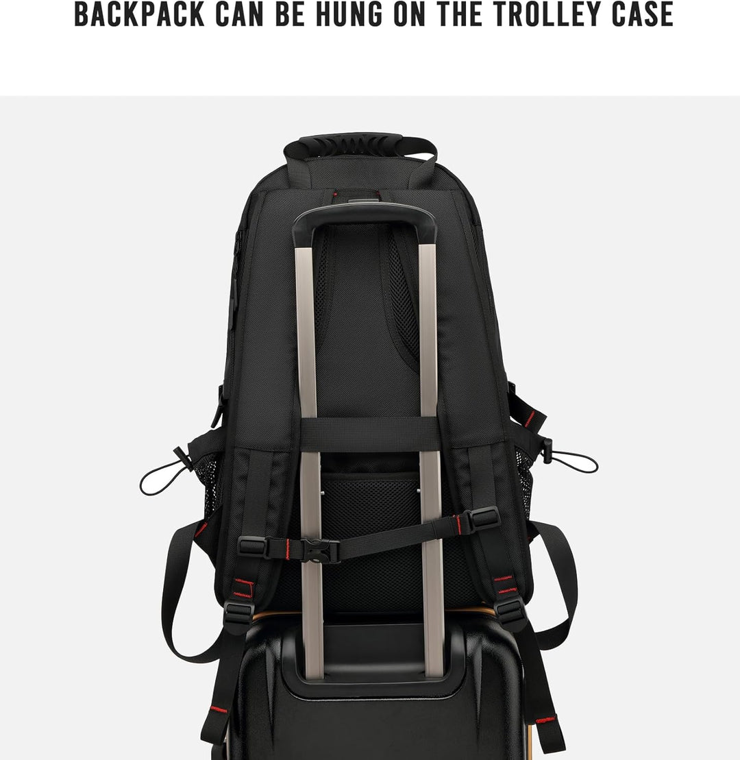 Black 60L waterproof travel backpack with laptop sleeve, USB port, & separate shoe compartment. Perfect for business travel.