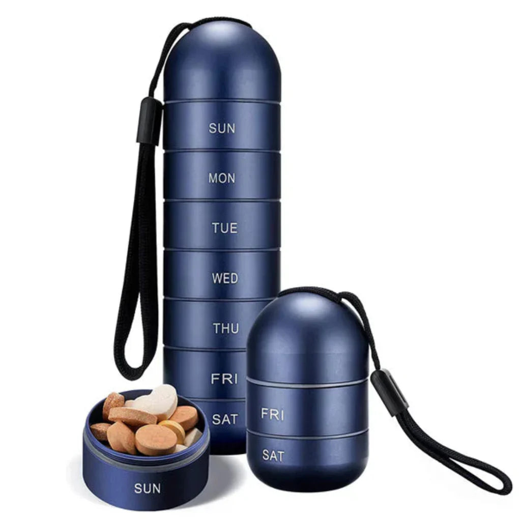 Unisex 7-day aluminum pill organizer, portable & waterproof for daily medication and supplement storage.