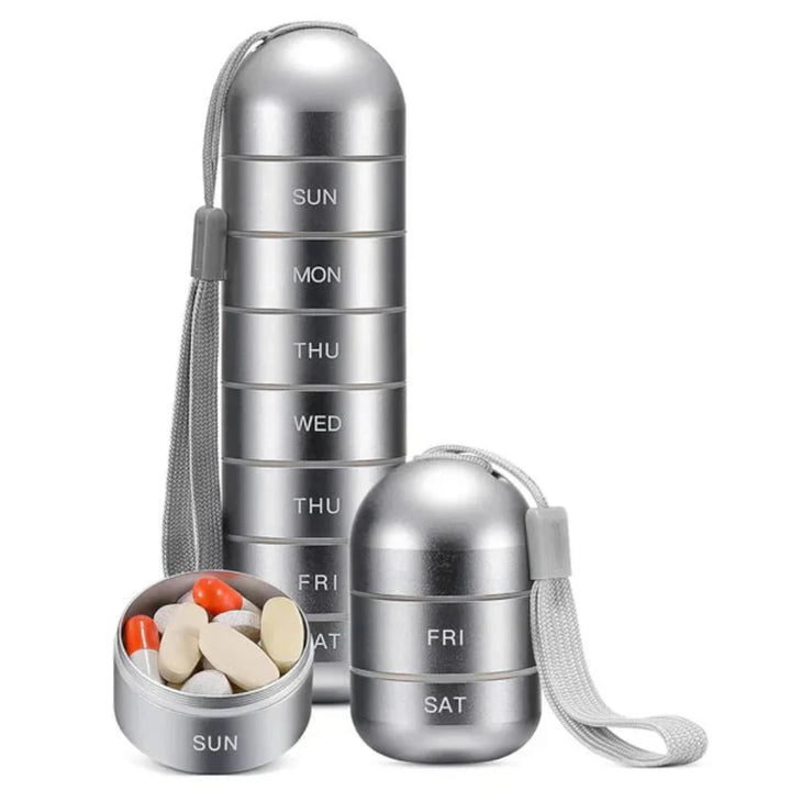 Unisex 7-day aluminum medicine holder, waterproof and portable. Perfect daily pill reminder & supplement storage solution.