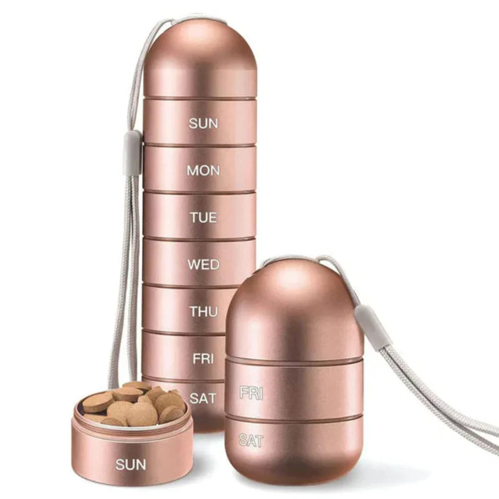 Sleek aluminum 7-day pill organizer, portable & waterproof. Ideal weekly medication case for daily health supplements.