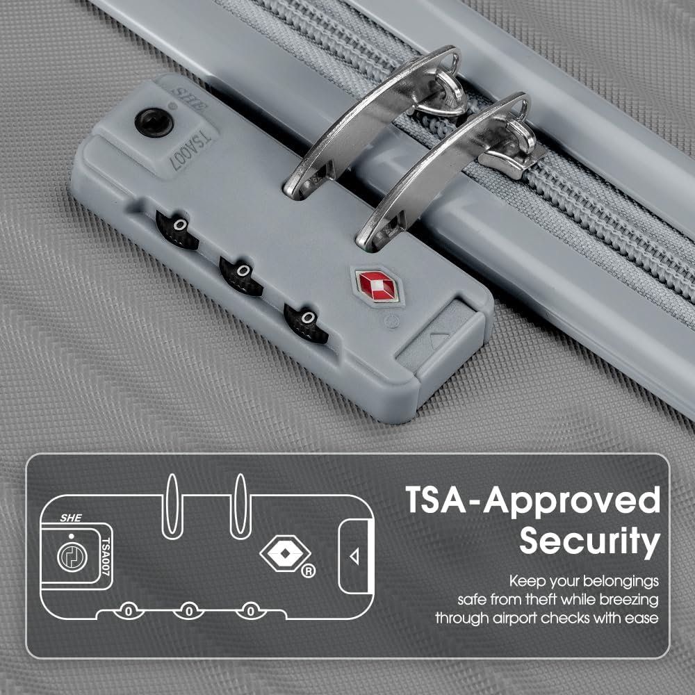 Front view of unisex ABS hard shell suitcase, highlighting smooth spinner wheels & security.