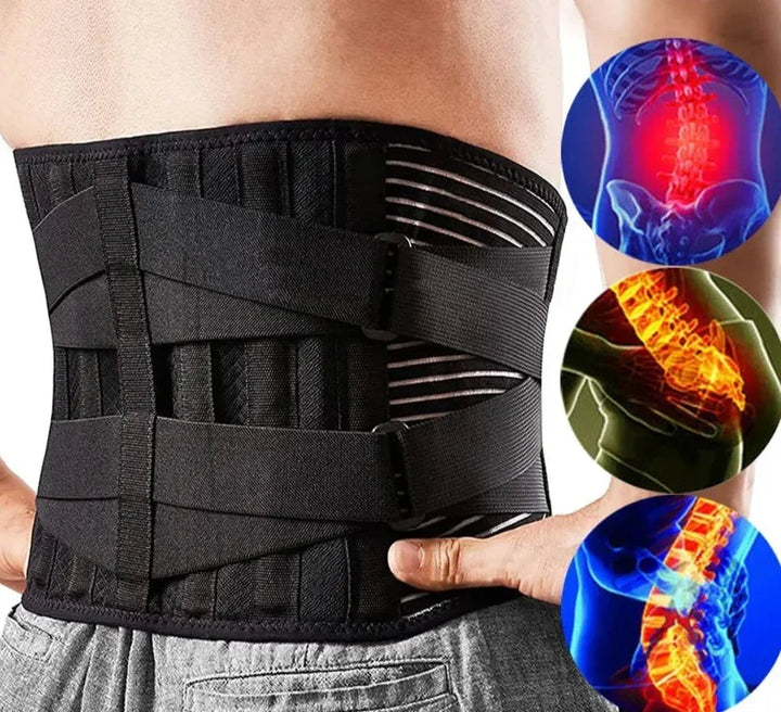 Unisex adjustable back support belt for lower back pain relief & posture correction.