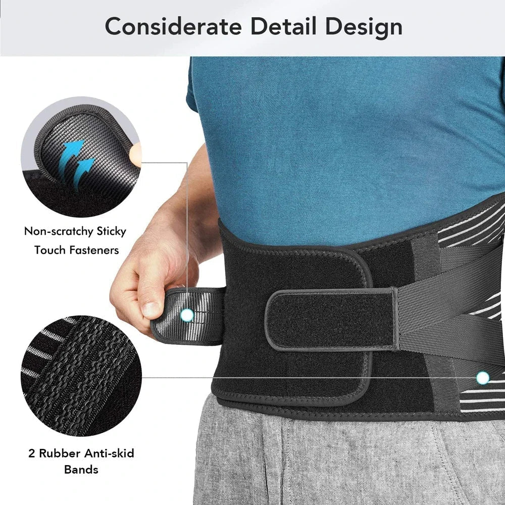Adjustable back support belt for active lifestyles & pain relief, suitable for work or daily tasks.