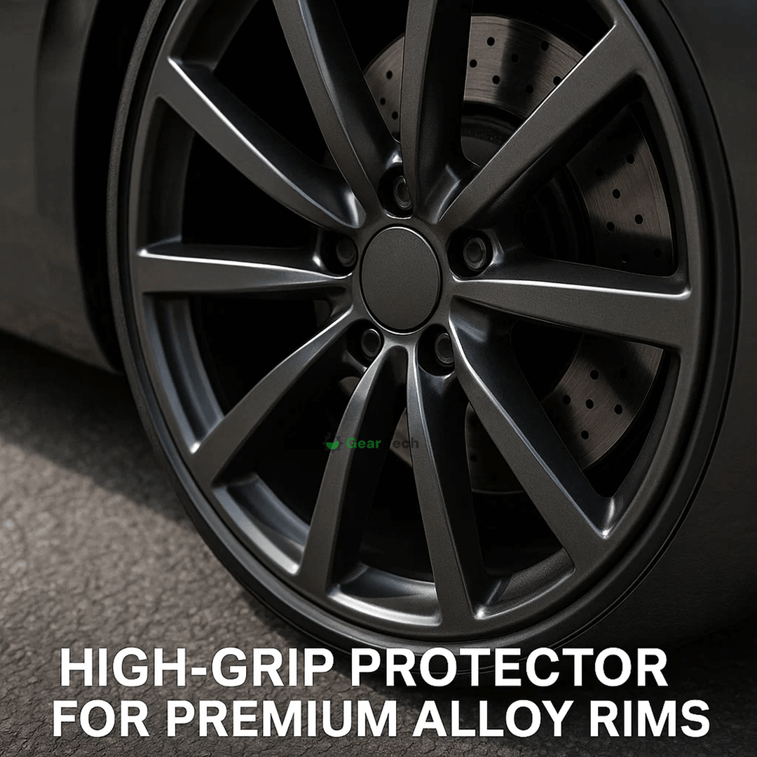 "Unisex alloy wheel rim protector, high adhesion, prevents kerb scrapes, vibrant colors, DIY installation, durable rubber."