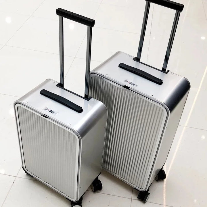 Unisex aluminum hard-shell luggage, durable travel suitcase with secure latches & smooth spinner wheels.