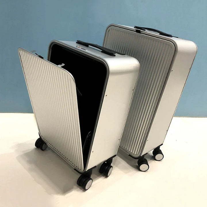 Robust aluminum hard-shell carry-on suitcase, perfect for secure and stylish short trips.