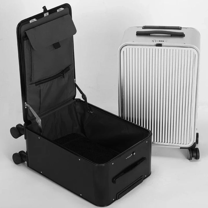 Durable aluminum suitcase featuring silent 360° spinner wheels & integrated TSA locks.
