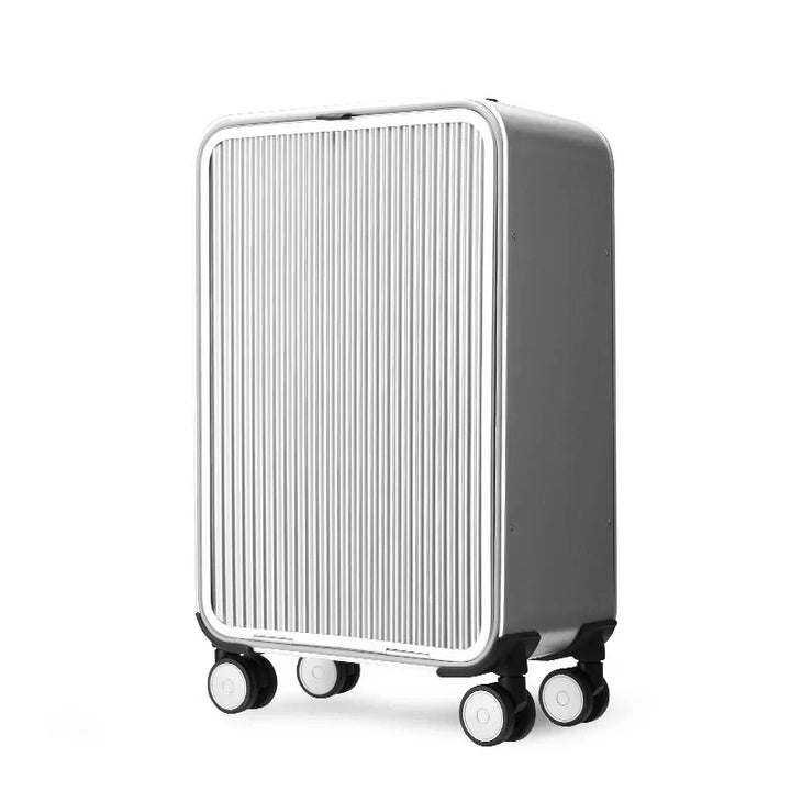Stylish hard-shell aluminum travel luggage, designed for secure packing and effortless maneuverability.