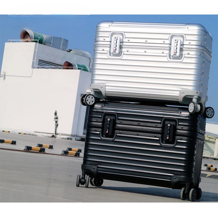 Unisex aluminum-magnesium hard shell travel suitcase with spinner wheels & TSA lock for secure, durable luggage.