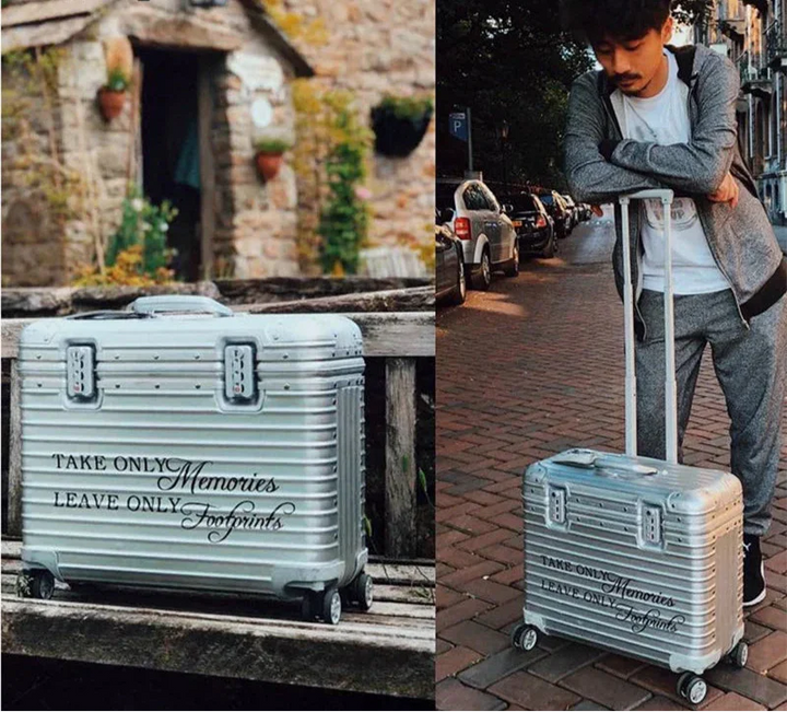 Durable unisex aluminum-magnesium hardshell suitcase, perfect for secure, long-lasting travel luggage & airport adventures.