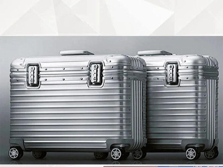 Secure unisex aluminum-magnesium hardshell travel suitcase with integrated TSA lock, protecting valuables during airport journeys.