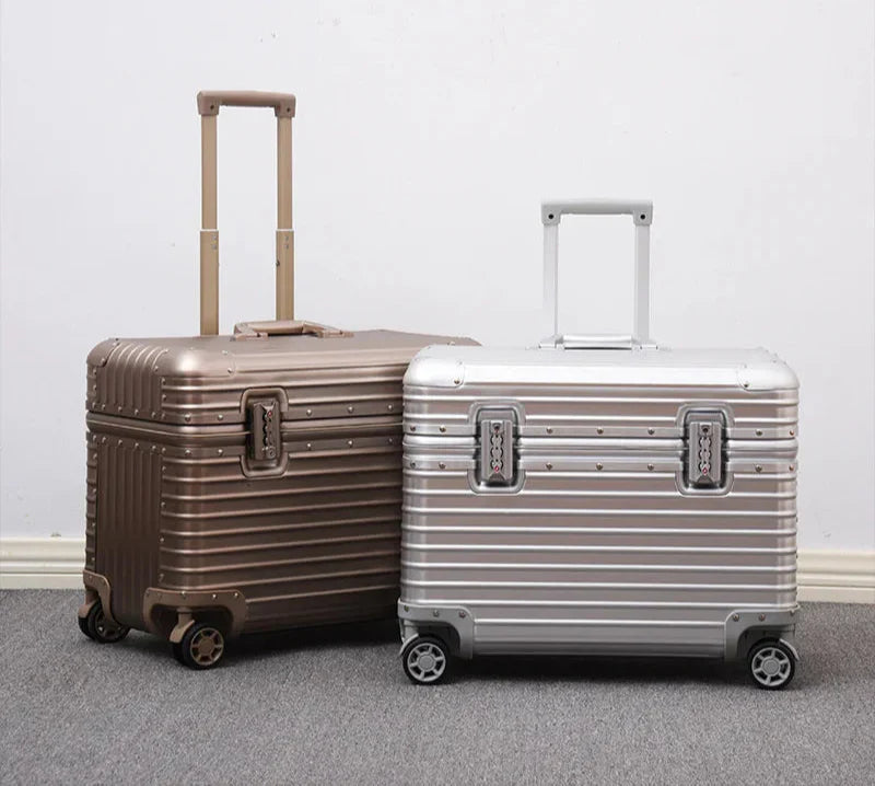 Stylish unisex aluminum-magnesium travel suitcase, a durable hardshell luggage piece for your next secure vacation or trip.