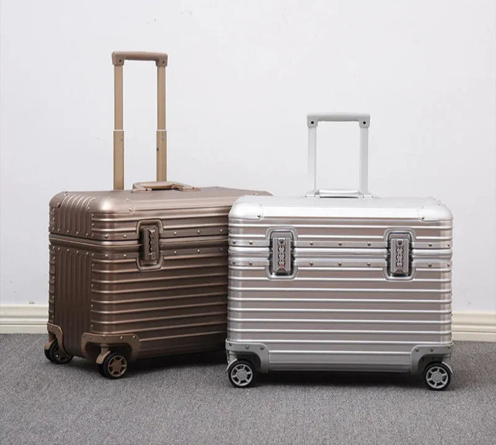 Stylish unisex aluminum-magnesium travel suitcase, a durable hardshell luggage piece for your next secure vacation or trip.