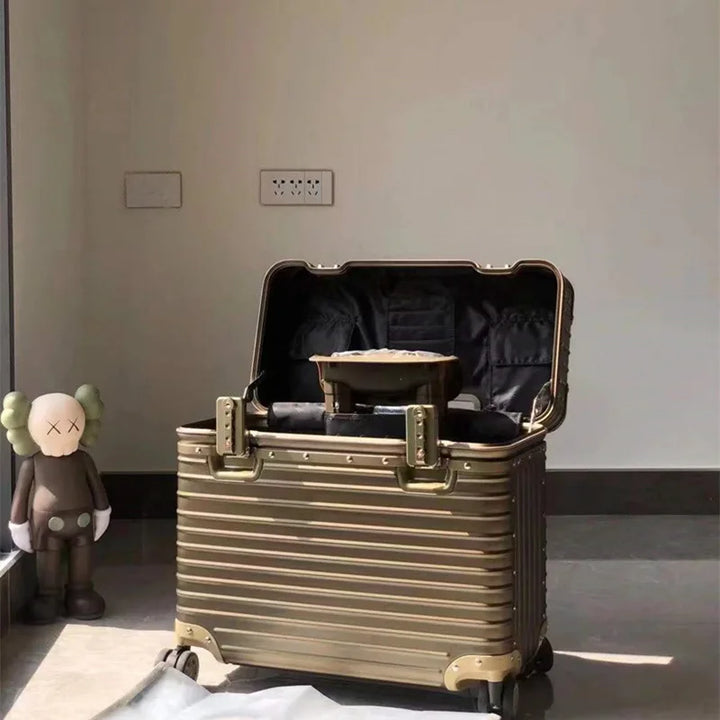 Exterior view of a robust unisex aluminum-magnesium hard shell suitcase, ideal durable luggage for secure international travel.