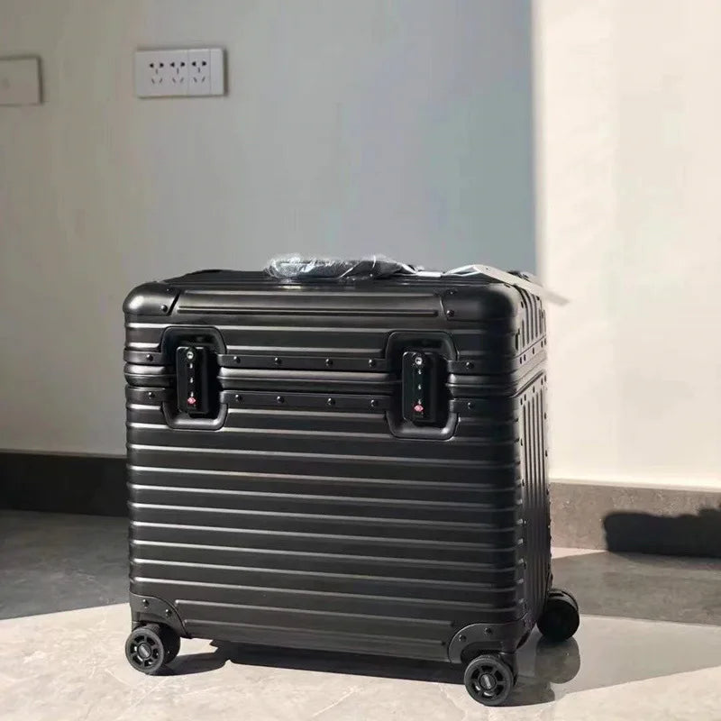 Unisex aluminum-magnesium hardshell spinner luggage. Secure & durable travel suitcase for modern airport journeys & vacations.