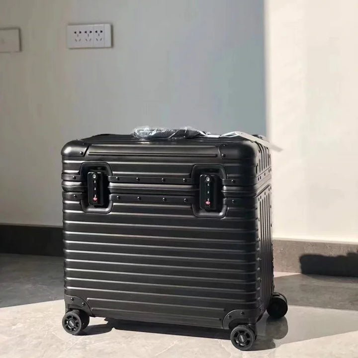 Unisex aluminum-magnesium hardshell spinner luggage. Secure & durable travel suitcase for modern airport journeys & vacations.