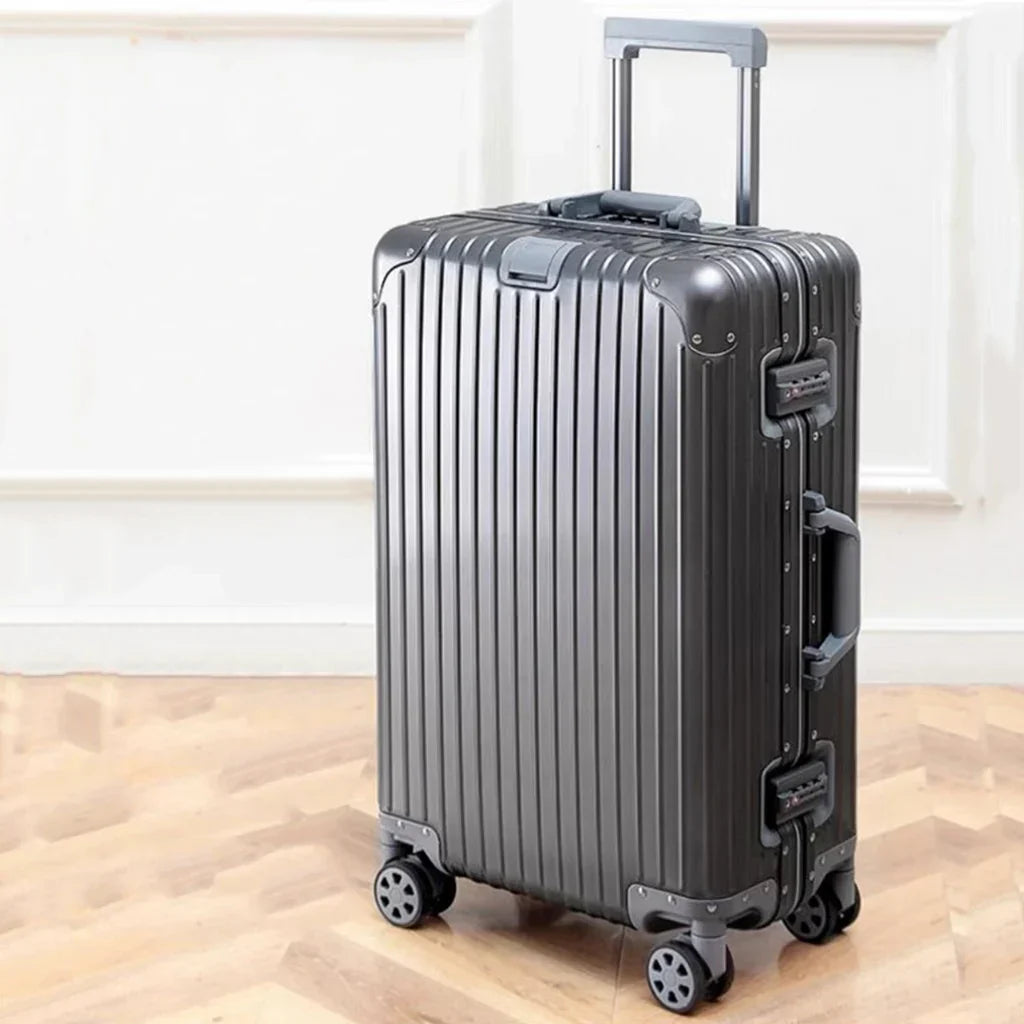 Unisex aluminum-magnesium hardshell suitcase, Tirana model, for durable and secure travel.
