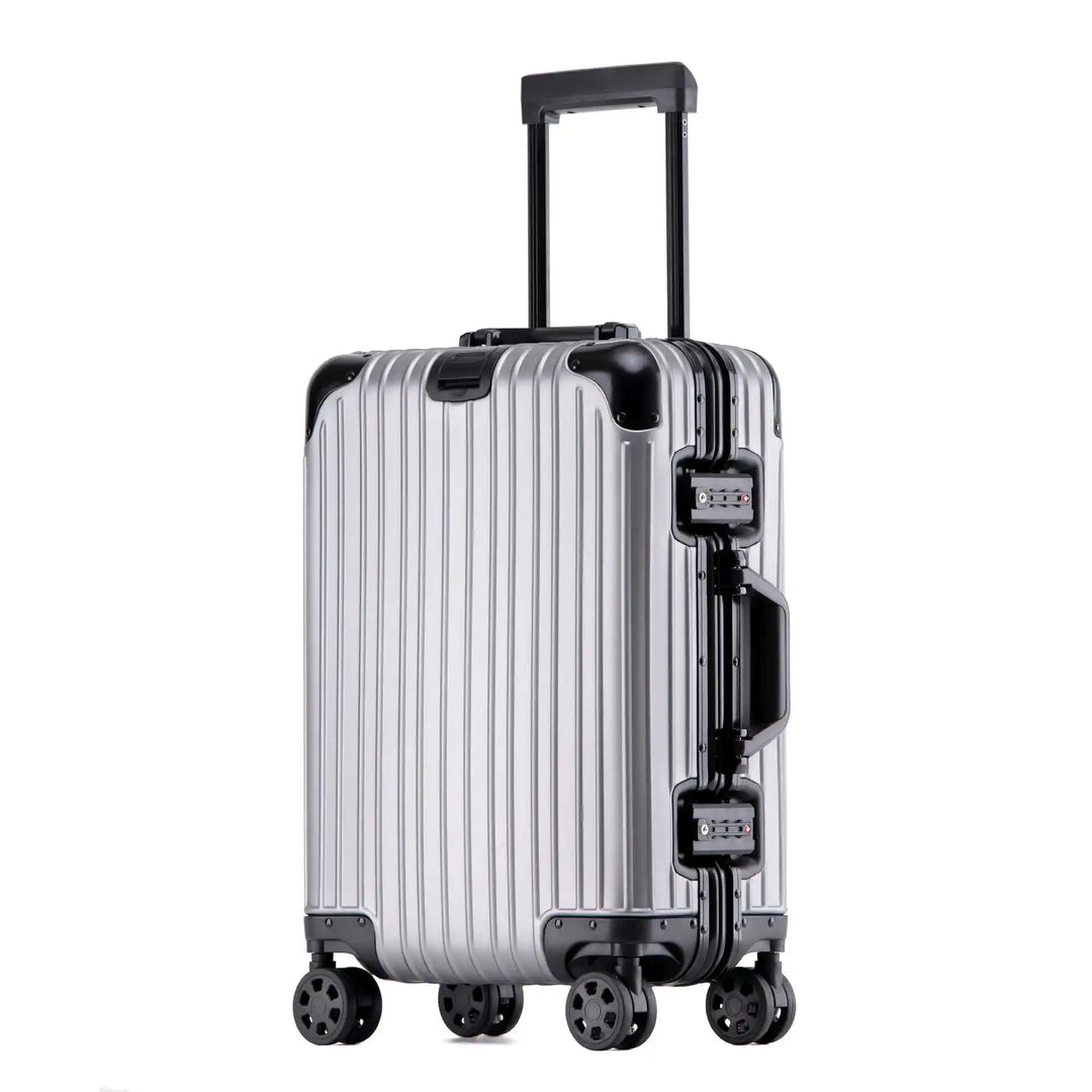 Full view of Tirana unisex aluminum-magnesium suitcase, a premium choice for travel gear.
