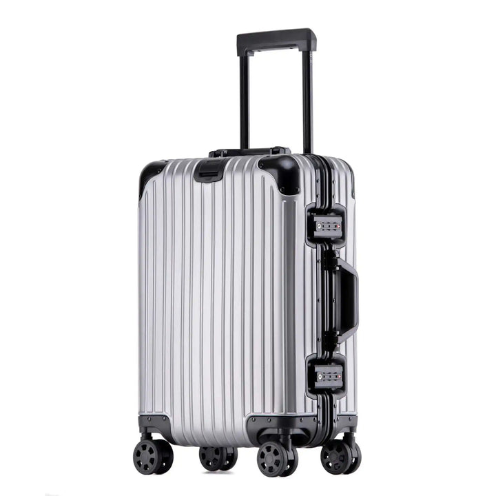 Full view of Tirana unisex aluminum-magnesium suitcase, a premium choice for travel gear.