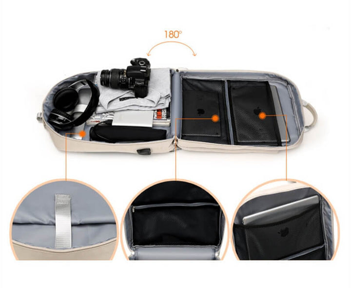 Black anti-theft secure backpack with discreet zippers, USB charging capability, ideal for urban explorers.