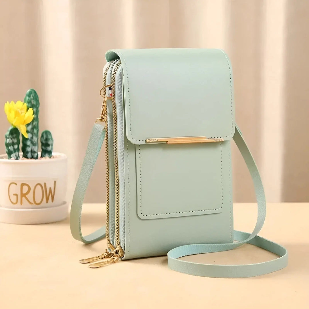 Interior view: organized compartments of an anti-theft crossbody bag with RFID pockets for secure daily essentials.