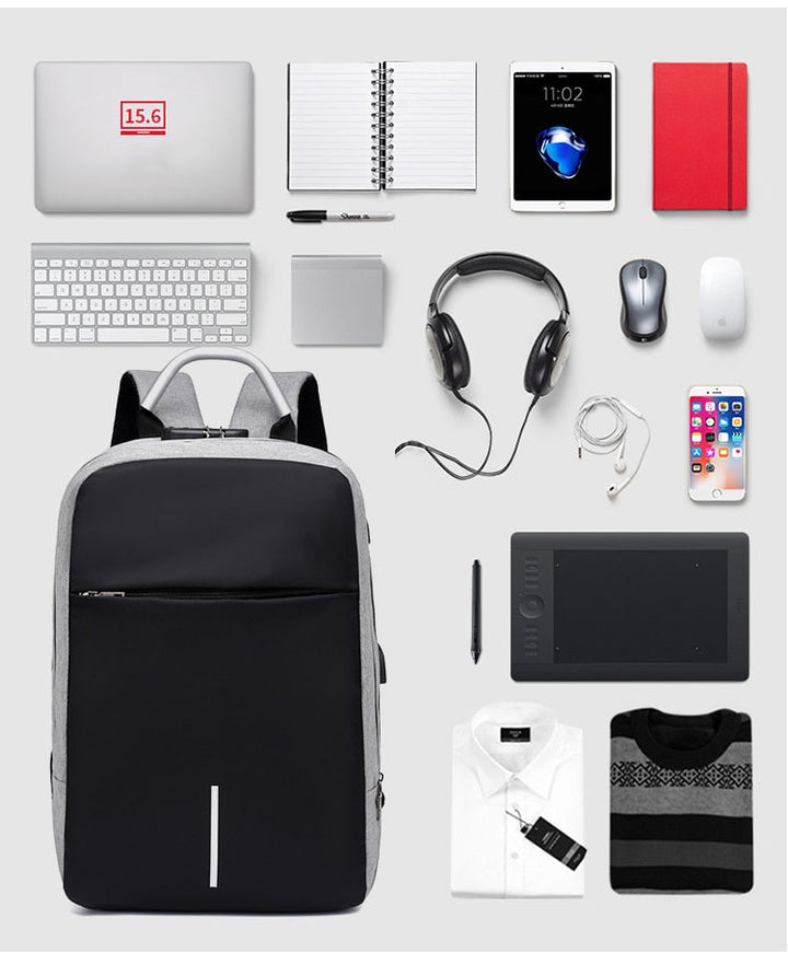 Unisex travel backpack with anti-theft features, USB charging, and durable water-resistant fabric.