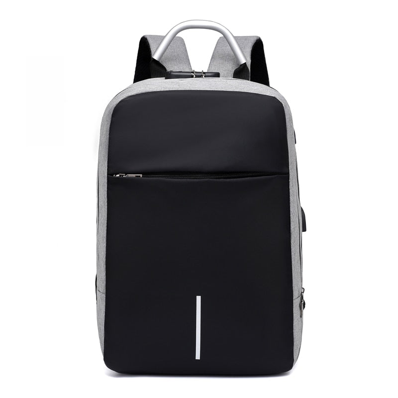 Durable grey commuter backpack with anti-theft hidden zippers & USB charging, perfect for secure daily carry.