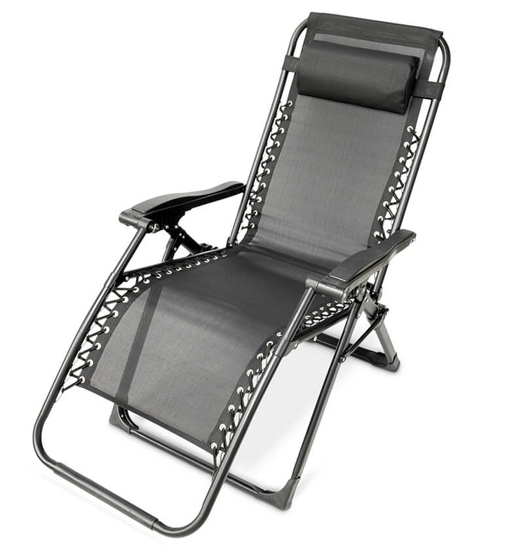 Unisex black folding zero gravity recliner chair for patio relaxation & outdoor comfort.