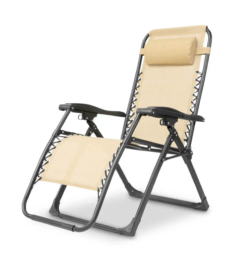 Black outdoor folding recliner, zero gravity design for patio, garden, & deck lounging.