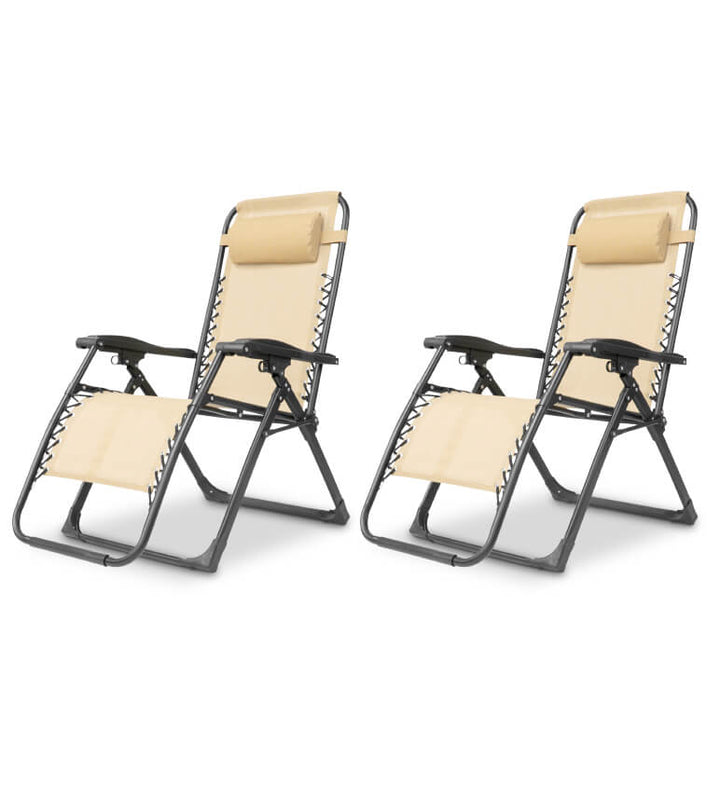 Adjustable folding zero gravity recliner, cream, ideal for camping or outdoor events.