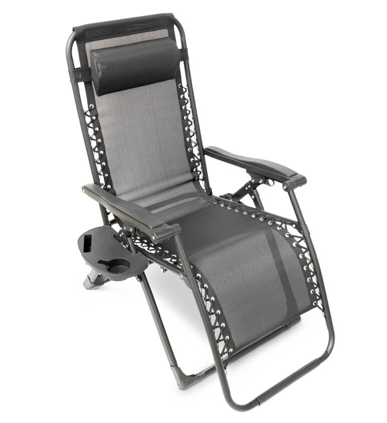 Cream zero gravity lounge chair, foldable & portable, perfect for garden & outdoor use.