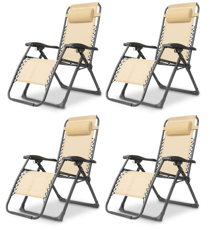 Cream zero gravity folding recliner with adjustable features, great for garden or patio.