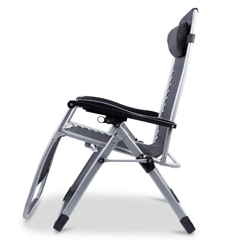 Black folding patio chair, zero gravity design, ideal for outdoor relaxation & garden.