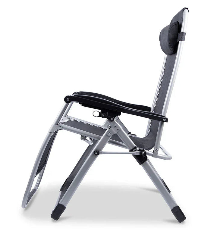 Black folding patio chair, zero gravity design, ideal for outdoor relaxation & garden.