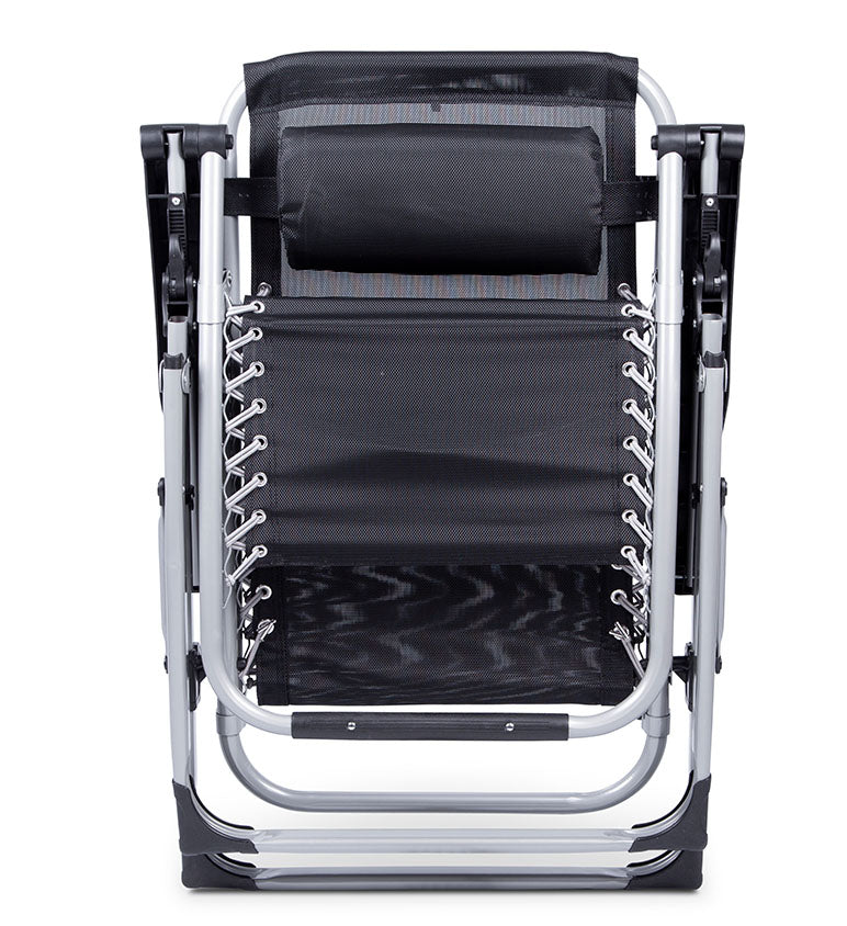 Durable outdoor folding zero gravity recliner, black, for garden & patio relaxation.