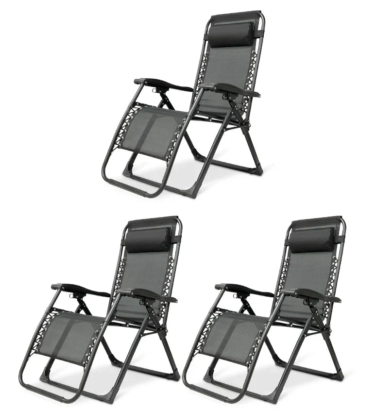 Black zero gravity garden chair, foldable and portable, perfect for outdoor relaxation.