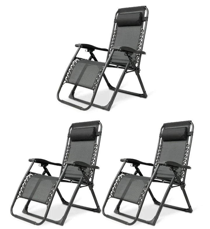 Black zero gravity garden chair, foldable and portable, perfect for outdoor relaxation.