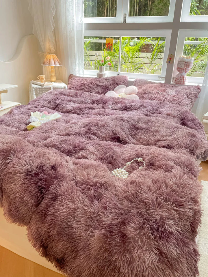 Festive candy-colored plush duvet cover set. A perfect cozy gift for winter warmth & home decor.