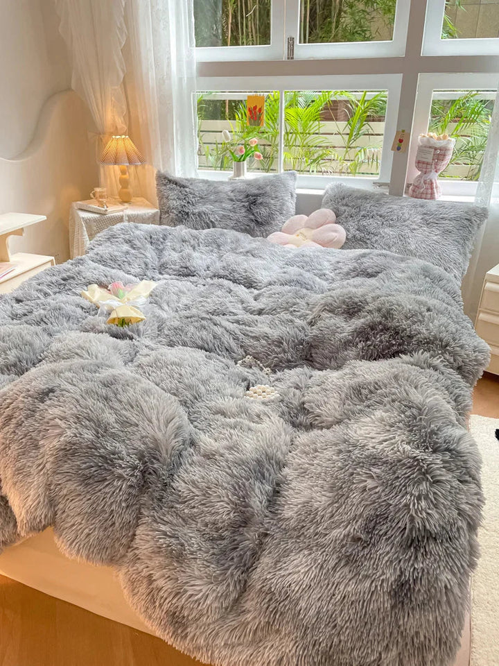 Instant bedroom makeover with this vibrant candy-colored plush duvet cover set. Ultimate cozy luxury.