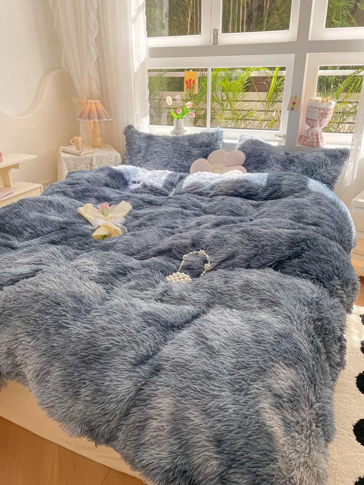 Fluffy, soft plush duvet cover set in sweet candy colors. Perfect for a snug & warm winter bed.