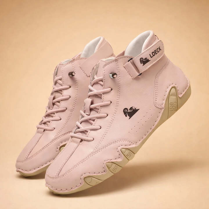 Person wearing comfortable non-slip unisex walking shoes with warm lining for supportive all-day comfort.