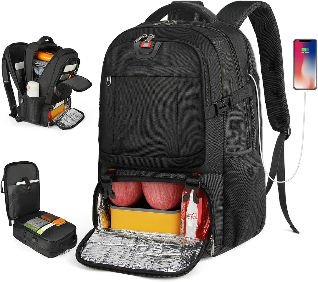 Unisex commuter & travel backpack with laptop compartment, insulated lunch storage, USB charging, & anti-theft.