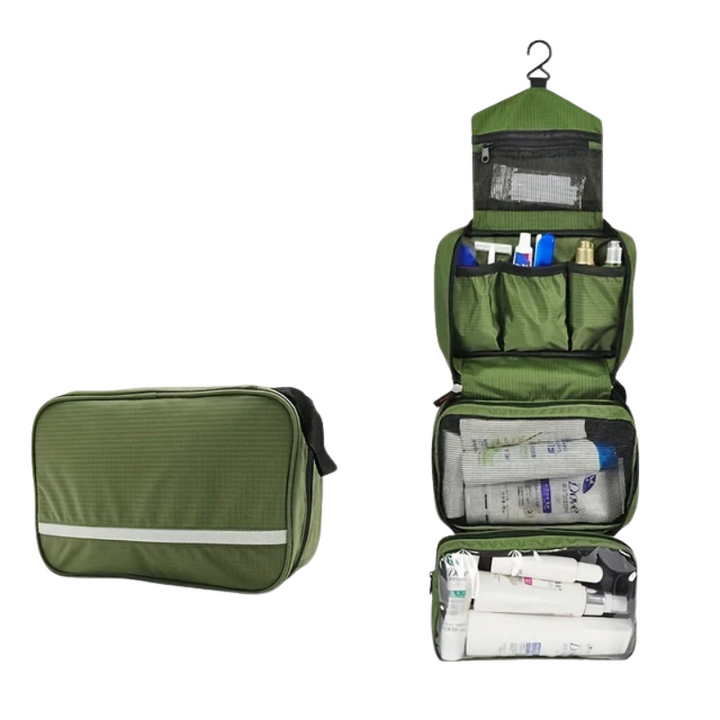 Portable hanging toiletry bag, a compact bathroom organizer for all your travel essentials.