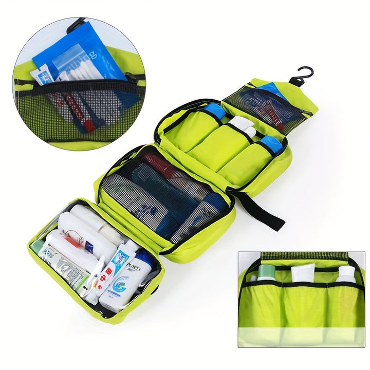 Travel organizer bag with multiple compartments, ideal compact storage for toiletries.