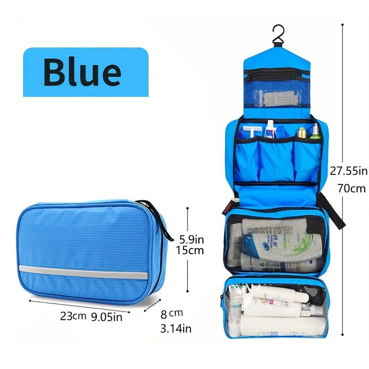 Unisex compact makeup bag, hanging travel organizer for toiletries, cosmetics & accessories.