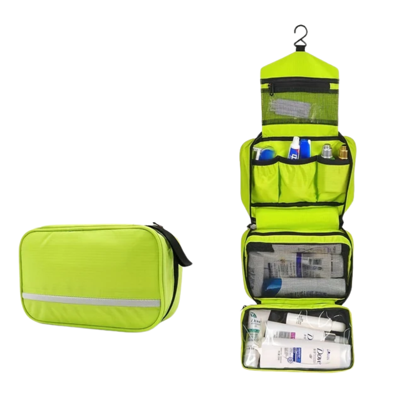 Compact hanging travel toiletry bag, unisex portable organizer for bathroom and vacation gear.