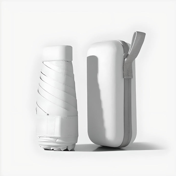 Portable mini travel umbrella with a sleek waterproof case, perfect for handbags & backpacks. Compact rain gear.