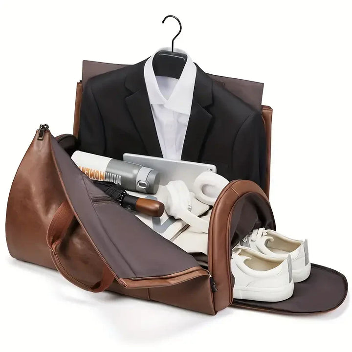 Sleek exterior of compact carry-on luggage, stylish travel wardrobe solution.