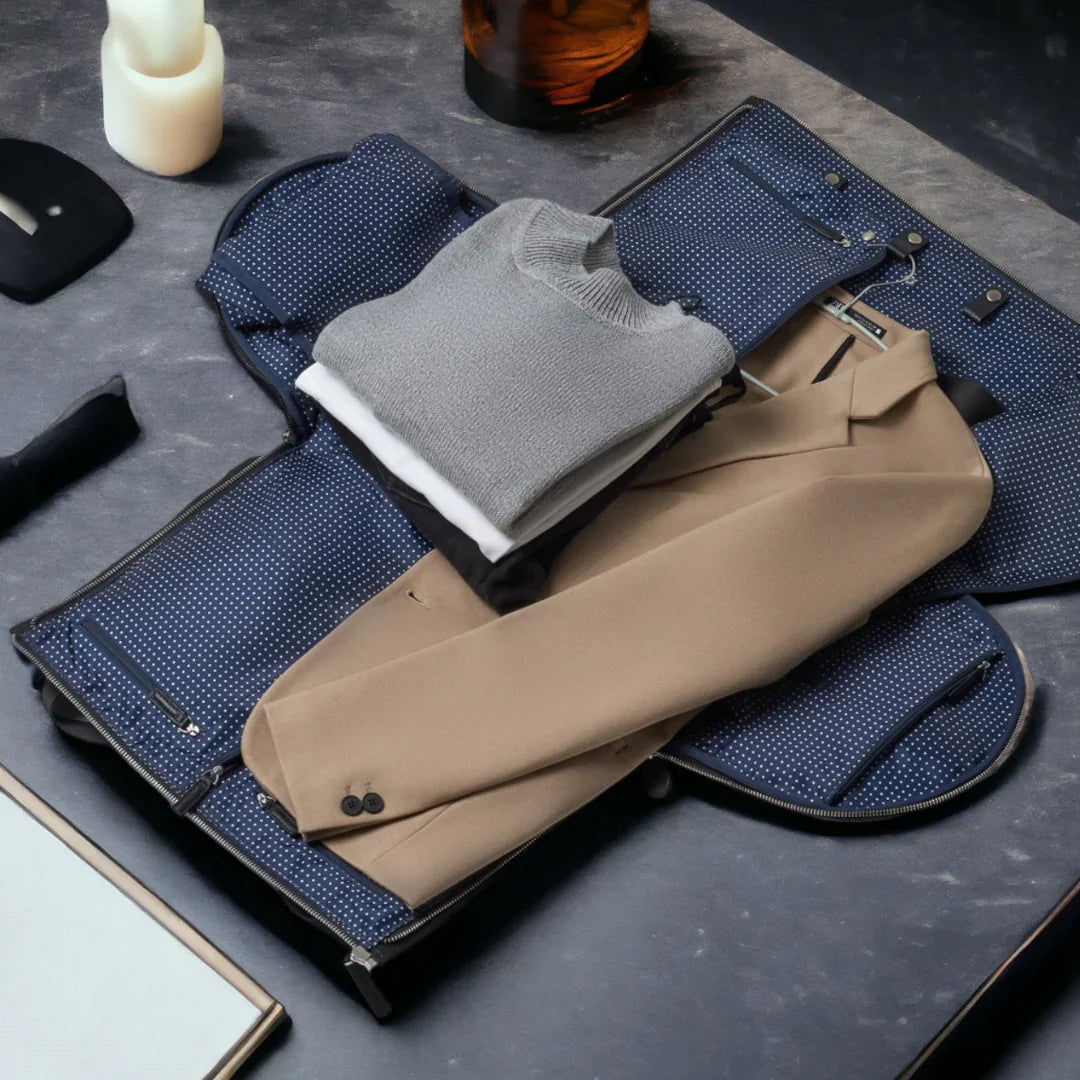 Travel wardrobe suitcase with hanging compartments, keeps clothes wrinkle-free.
