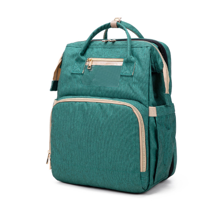 Unisex convertible baby nappy backpack with integrated foldable bassinet for parents on the go.